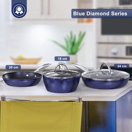 3D Diamond Cookware Blue 3 Piece Non-Stick Frying Pan Set