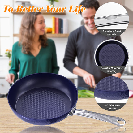 3D Diamond Cookware Blue 3 Piece Non-Stick Frying Pan Set