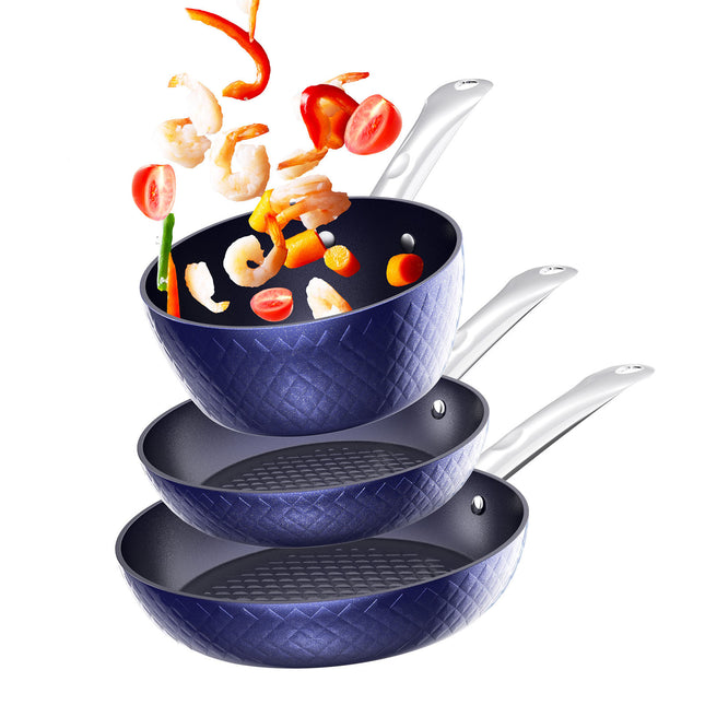 Ensemble de poêles à frire antiadhésives 3 pièces Bleu 3D Diamond Cookware - Affordable Techs